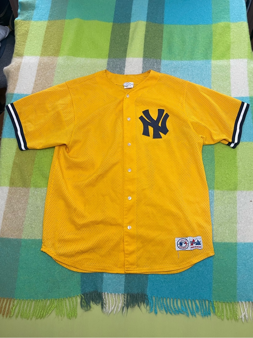 Vintage 90s MLB Majestic New York Yankees Yellow Mustard Sewn Baseball Jersey XL